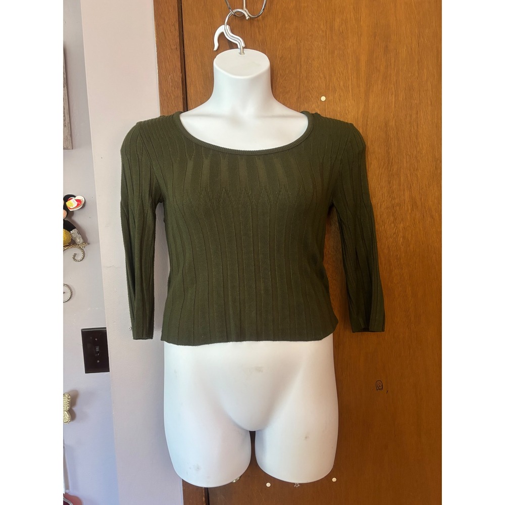 Knits Landing Women Olive Green Ribbed Knit 3/4 Sleeve Scoop Neck Sweater Large